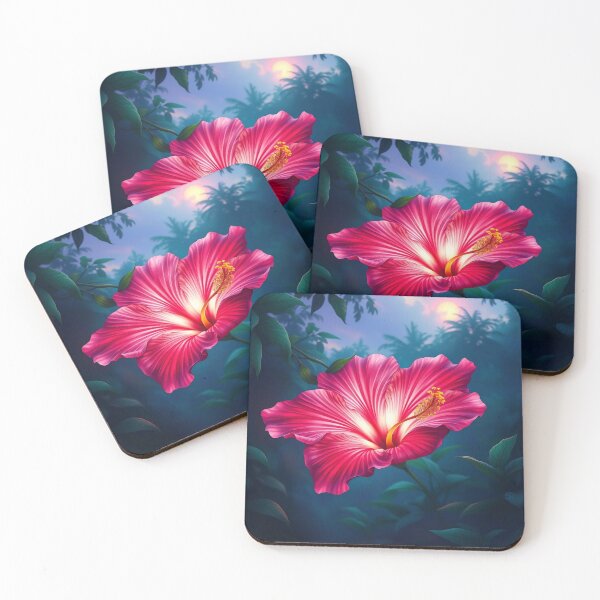 Item preview, Vibrant Pink Hibiscus in Tropical Jungle Sunset designed and sold by Serene Strokes Art.