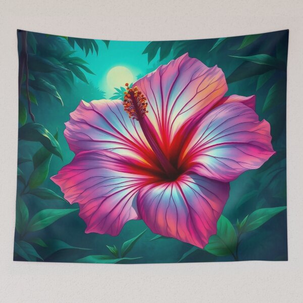 Item preview, Ethereal Pink Hibiscus in Moonlit Tropical Jungle designed and sold by Serene Strokes Art.