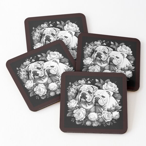 Item preview, Bulldog Pair Floral Frame Black and White Elegant Dog Art designed and sold by inkoutninja.