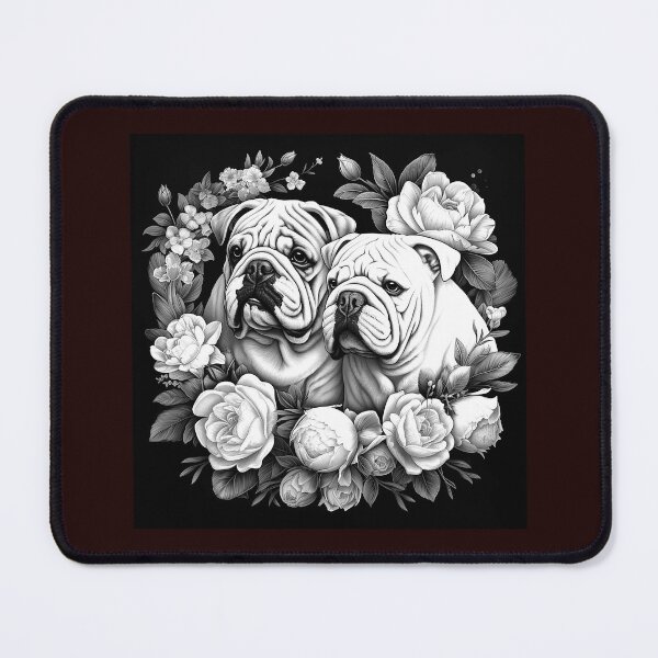 Item preview, Bulldog Pair Floral Frame Black and White Elegant Dog Art designed and sold by inkoutninja.
