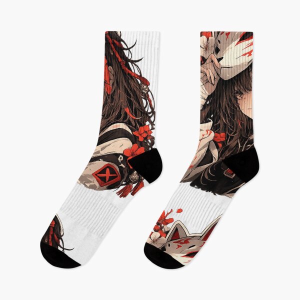 Item preview, Kitsune Mask Anime Girl – Japanese Aesthetic Fox Mask Art, Dark Red Floral Illustration designed and sold by Sticker Hubs.
