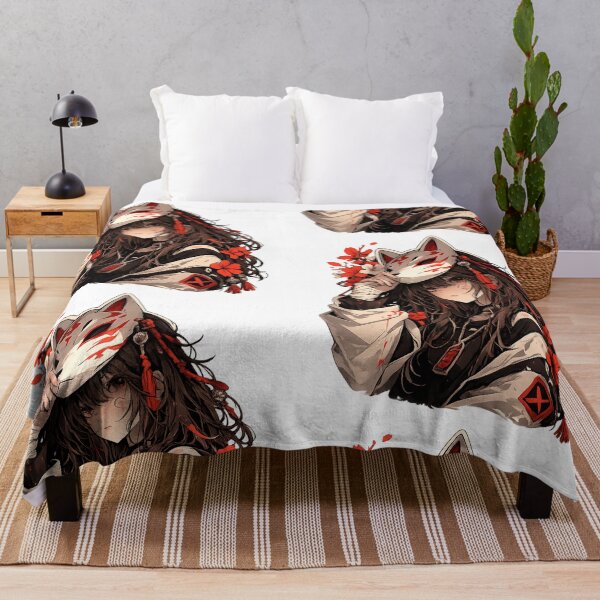 Item preview, Kitsune Mask Anime Girl – Japanese Aesthetic Fox Mask Art, Dark Red Floral Illustration designed and sold by Sticker Hubs.