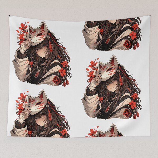 Item preview, Kitsune Mask Anime Girl – Japanese Aesthetic Fox Mask Art, Dark Red Floral Illustration designed and sold by Sticker Hubs.