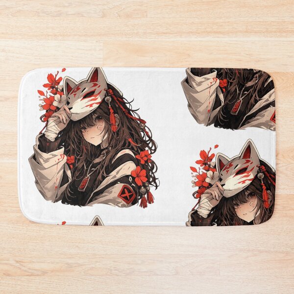 Item preview, Kitsune Mask Anime Girl – Japanese Aesthetic Fox Mask Art, Dark Red Floral Illustration designed and sold by Sticker Hubs.