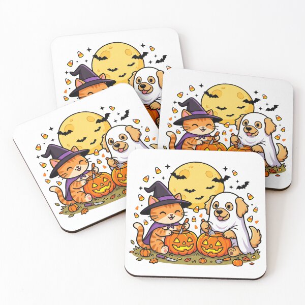 Item preview, Cute Cat Witch & Ghost Puppy – Kawaii Halloween Pumpkin Carving Pets designed and sold by Furfolkz.