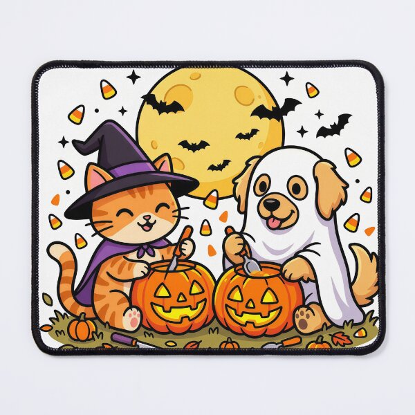Item preview, Cute Cat Witch & Ghost Puppy – Kawaii Halloween Pumpkin Carving Pets designed and sold by Furfolkz.