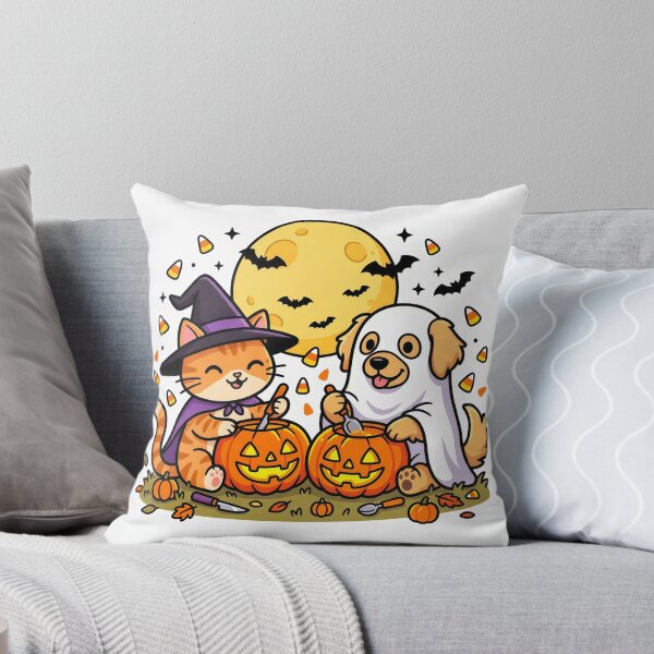 Item preview, Cute Cat Witch & Ghost Puppy – Kawaii Halloween Pumpkin Carving Pets designed and sold by Furfolkz.