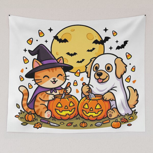 Item preview, Cute Cat Witch & Ghost Puppy – Kawaii Halloween Pumpkin Carving Pets designed and sold by Furfolkz.