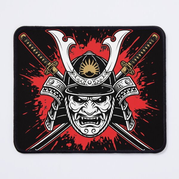 Item preview, Japanese Samurai Oni Mask Art - Warrior Helmet with Crossed Swords and Red Ink Splatter - Bushido Spirit Graphic Tee designed and sold by seven things shop.