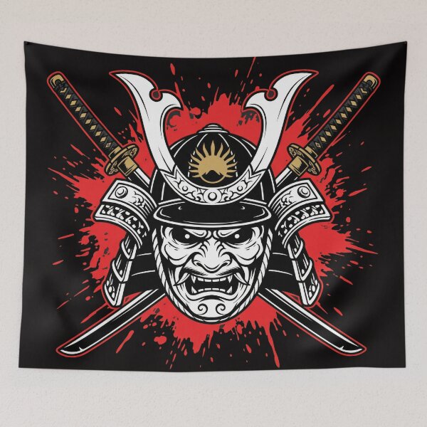 Item preview, Japanese Samurai Oni Mask Art - Warrior Helmet with Crossed Swords and Red Ink Splatter - Bushido Spirit Graphic Tee designed and sold by seven things shop.
