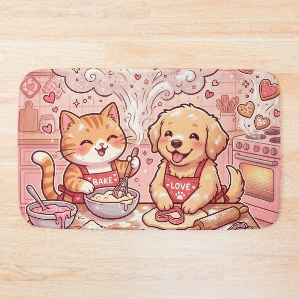 Item preview, Cute Cat & Dog Baking Cookies – Kawaii Valentine Kitchen Pets Love Design designed and sold by Furfolkz.
