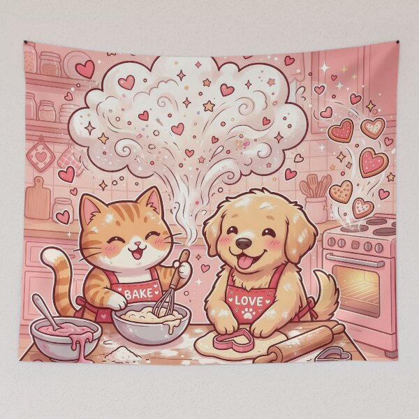 Item preview, Cute Cat & Dog Baking Cookies – Kawaii Valentine Kitchen Pets Love Design designed and sold by Furfolkz.