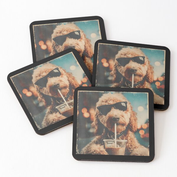 Item preview, Funny Goldendoodle Drinking Iced Coffee Dog with Sunglasses designed and sold by ZalcArtStore.