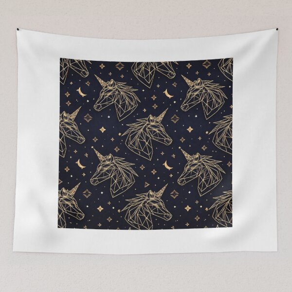 Item preview, Geometric Golden Unicorn Pattern on Midnight Blue Starry Background designed and sold by RushVibeWear.