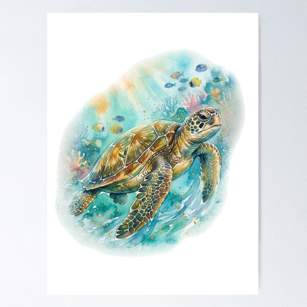 Item preview, Watercolor sea turtle swimming sunlight rays ocean art print designed and sold by icemanphotos.