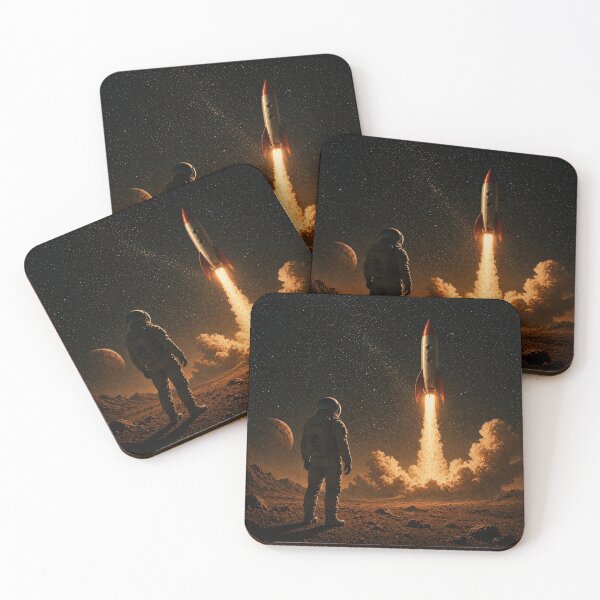 Item preview, Rocket Launch on Distant Planet – Retro Sci-Fi Space Scene, Astronaut Silhouette designed and sold by Galskap.