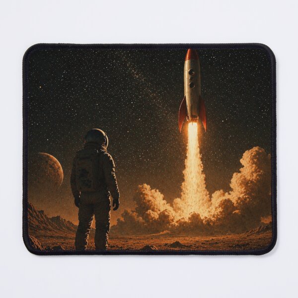 Item preview, Rocket Launch on Distant Planet – Retro Sci-Fi Space Scene, Astronaut Silhouette designed and sold by Galskap.