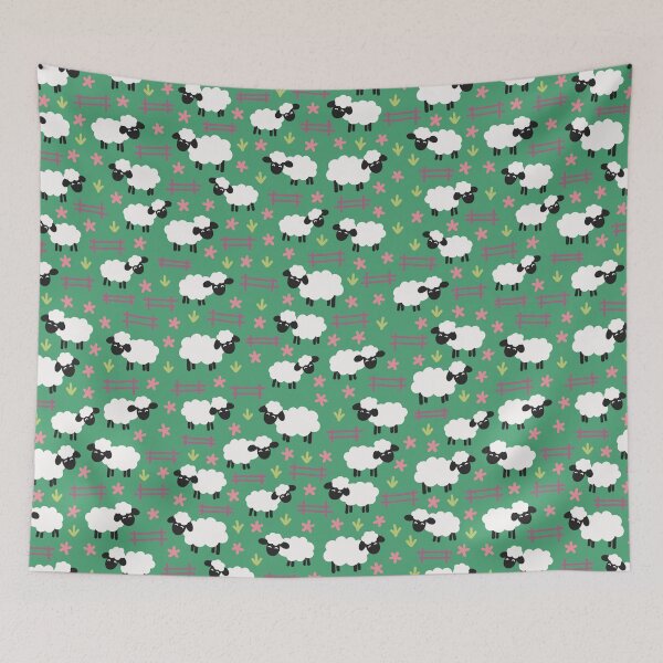 Item preview, Cute Sheep in a Field Whimsical Dark Green Pattern designed and sold by winterpumpkin.