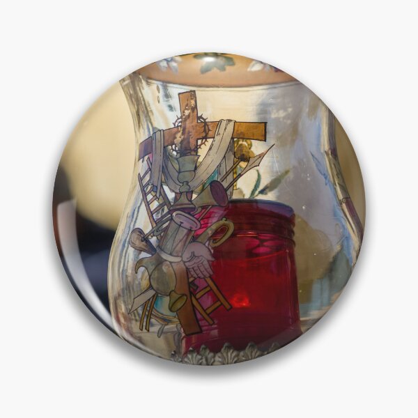 Item preview, Ornate Glass Votive Lamp With Red Candle and Religious Motifs in Historic Church Interior designed and sold by Nmallia.