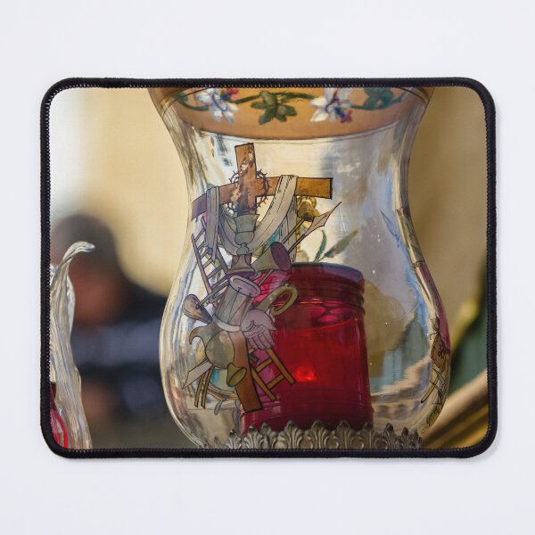 Item preview, Ornate Glass Votive Lamp With Red Candle and Religious Motifs in Historic Church Interior designed and sold by Nmallia.