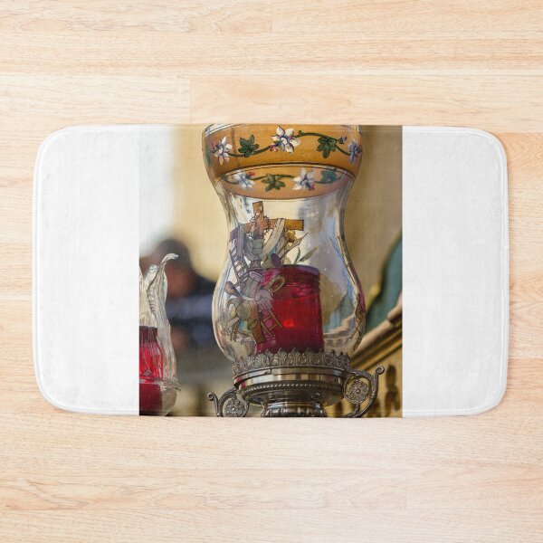 Item preview, Ornate Glass Votive Lamp With Red Candle and Religious Motifs in Historic Church Interior designed and sold by Nmallia.