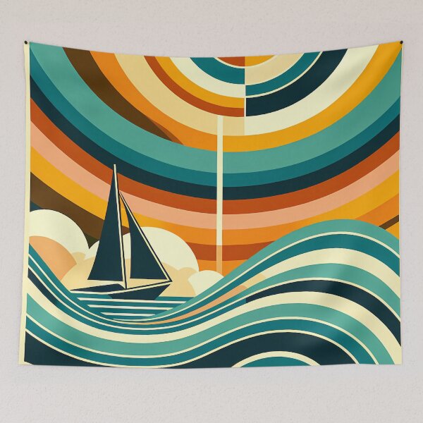 Item preview, Geometric Sailboat Beneath Concentric Sunset Waves designed and sold by InkSmithery.