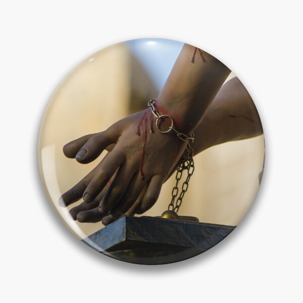 Item preview, Crucifixion Statue Close-Up Showing Bound Hands, Bloodied Wounds and Chains in Religious Procession designed and sold by Nmallia.