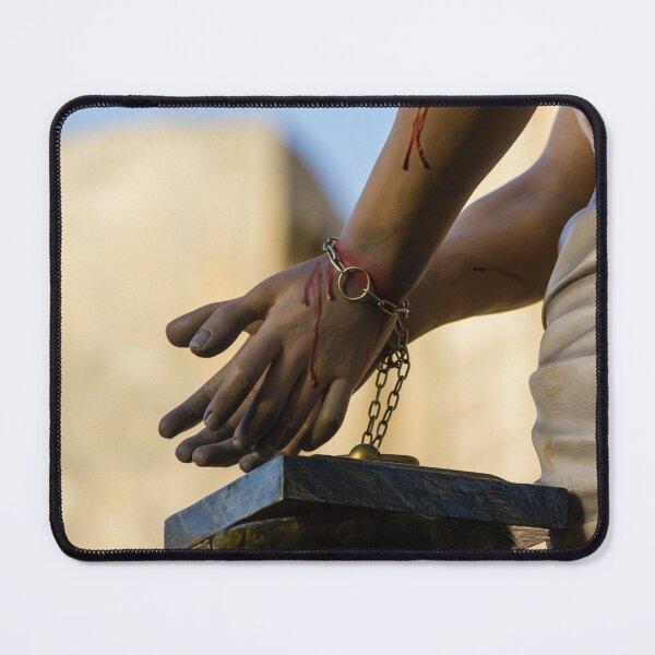 Item preview, Crucifixion Statue Close-Up Showing Bound Hands, Bloodied Wounds and Chains in Religious Procession designed and sold by Nmallia.