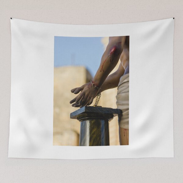 Item preview, Crucifixion Statue Close-Up Showing Bound Hands, Bloodied Wounds and Chains in Religious Procession designed and sold by Nmallia.
