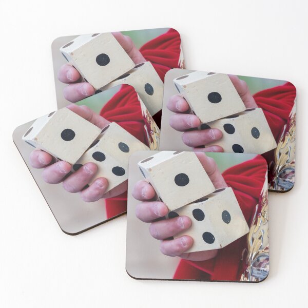 Item preview, Close-Up Of Hand Holding Vintage Wooden Dice Over Red Robe Symbolizing Chance, Luck And Gambling designed and sold by Nmallia.