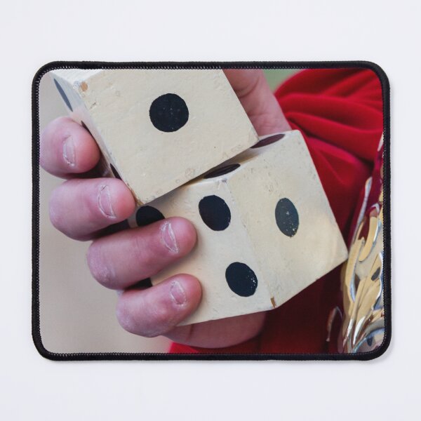 Item preview, Close-Up Of Hand Holding Vintage Wooden Dice Over Red Robe Symbolizing Chance, Luck And Gambling designed and sold by Nmallia.
