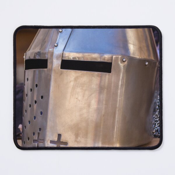 Item preview, Polished Medieval Knight Helmet Great Helm On Wooden Table With Chainmail Background designed and sold by Nmallia.