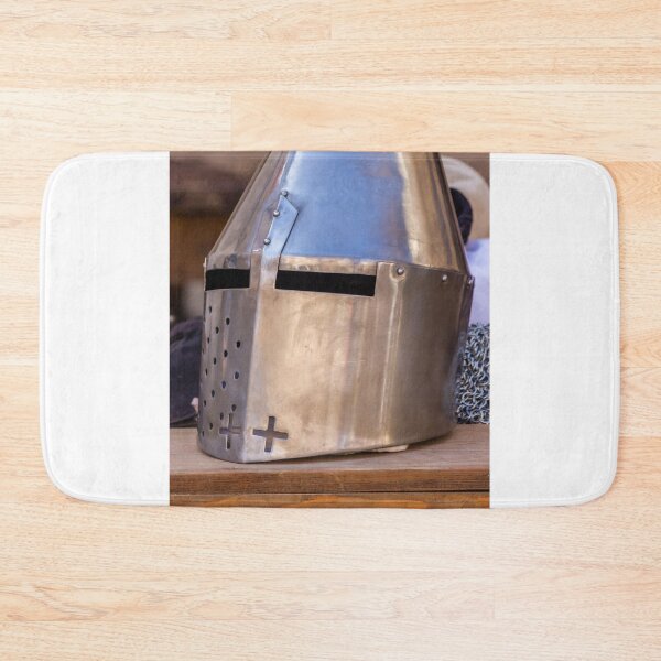 Item preview, Polished Medieval Knight Helmet Great Helm On Wooden Table With Chainmail Background designed and sold by Nmallia.