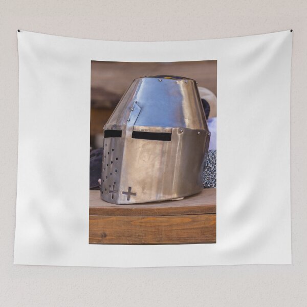 Item preview, Polished Medieval Knight Helmet Great Helm On Wooden Table With Chainmail Background designed and sold by Nmallia.