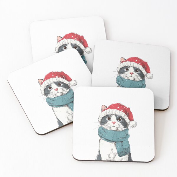 Item preview, Cute cat wearing Santa hat and scarf in winter holiday illustration on dark background designed and sold by khemjiraphoto.