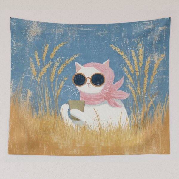 Item preview, Cool Scarf Cat in Wheat Fields with Soft Retro Summer Energy designed and sold by UtArt.