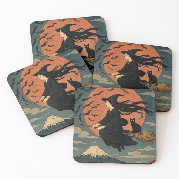 Item preview, Vintage Japanese Ukiyo-e Flying Witch and Black Cat Autumn Mount Fuji designed and sold by Vandy Fullam.