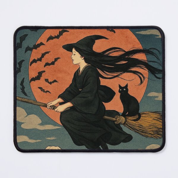Item preview, Vintage Japanese Ukiyo-e Flying Witch and Black Cat Autumn Mount Fuji designed and sold by Vandy Fullam.