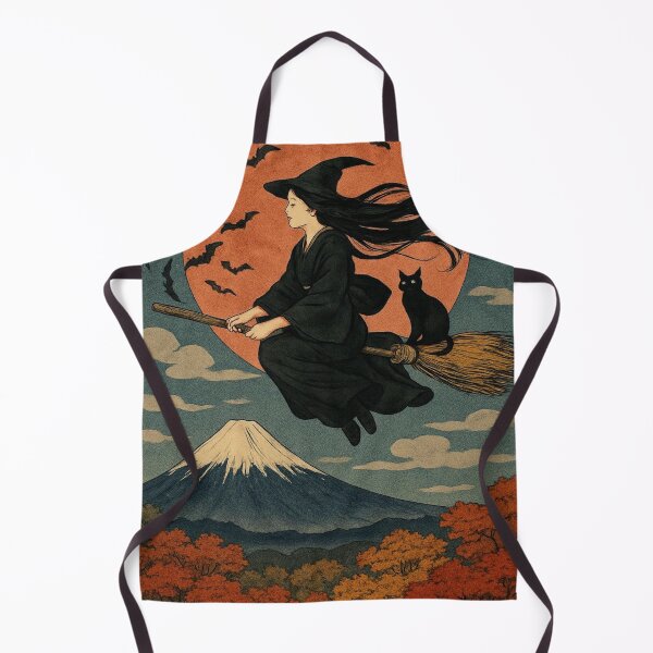 Item preview, Vintage Japanese Ukiyo-e Flying Witch and Black Cat Autumn Mount Fuji designed and sold by Vandy Fullam.