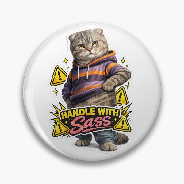 Artikelvorschau, Fotorealistischer Aufkleber mit Scottish-Fold-Katze – „Handle with Sass“-Kätzchen mit Warnschild-Design entworfen und verkauft von SparkVault.