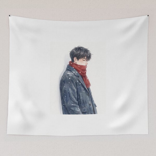 Item preview, Silent Winter – Aesthetic Manhwa Boy in Snow with Red Scarf designed and sold by bistuni.