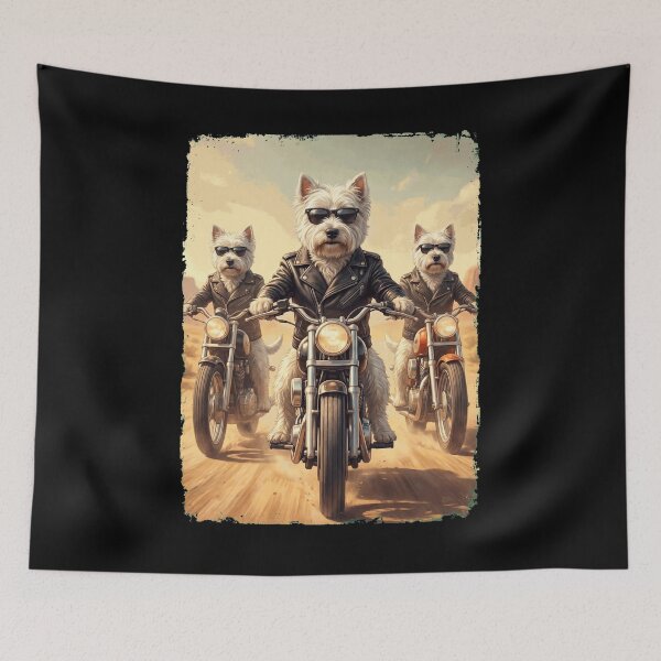 Aperçu de l'œuvre Mème drôle sur un West Highland White Terrier à moto et amoureux des chiens créée et vendue par DoodleTortle.