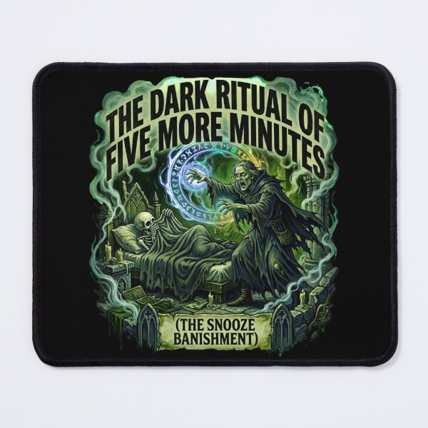 Item preview, Funny Necromancer Skeleton Snooze Five More Minutes Dark Ritual Retro Fantasy Art Tee designed and sold by Mythic Ink Studio.