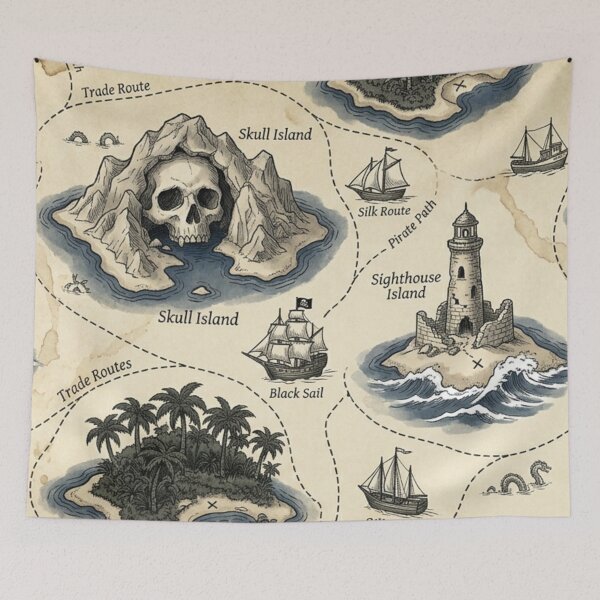 Item preview, The Lost Archipelago - Vintage Pirate Map & Skull Island Pattern designed and sold by InnerwayStudio.