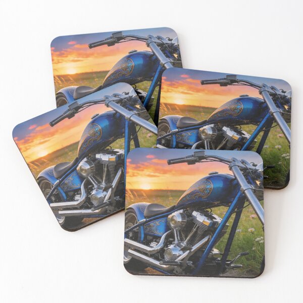 Item preview, blue chopper motorcycle on the road with sunset and meadow view designed and sold by BlareBlare.