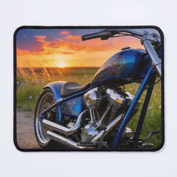 Item preview, blue chopper motorcycle on the road with sunset and meadow view designed and sold by BlareBlare.