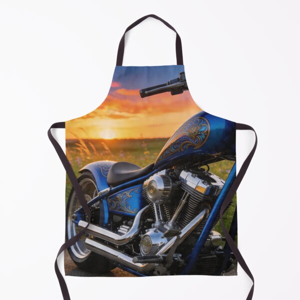 Item preview, blue chopper motorcycle on the road with sunset and meadow view designed and sold by BlareBlare.