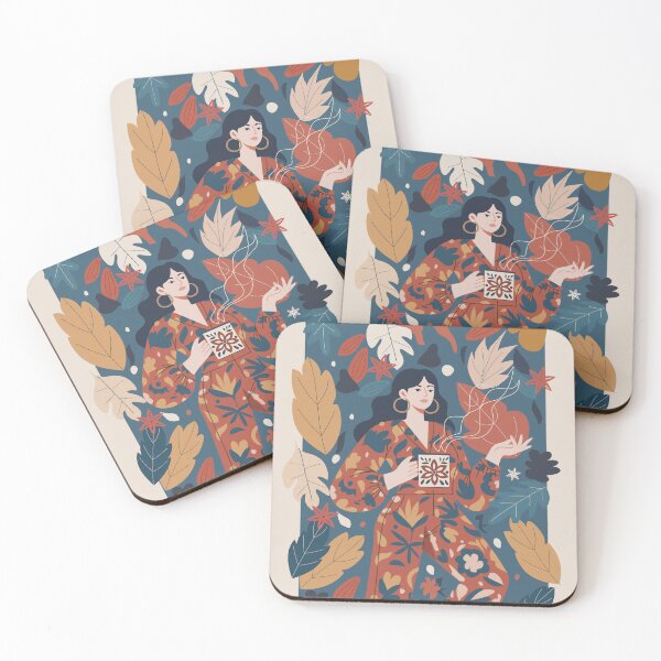 Item preview, relaxed woman enjoying a hot drink, surrounded by abstract flowers and leaves designed and sold by nesgalina.