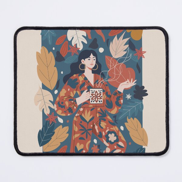 Item preview, relaxed woman enjoying a hot drink, surrounded by abstract flowers and leaves designed and sold by nesgalina.