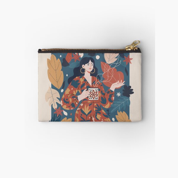 Item preview, relaxed woman enjoying a hot drink, surrounded by abstract flowers and leaves designed and sold by nesgalina.